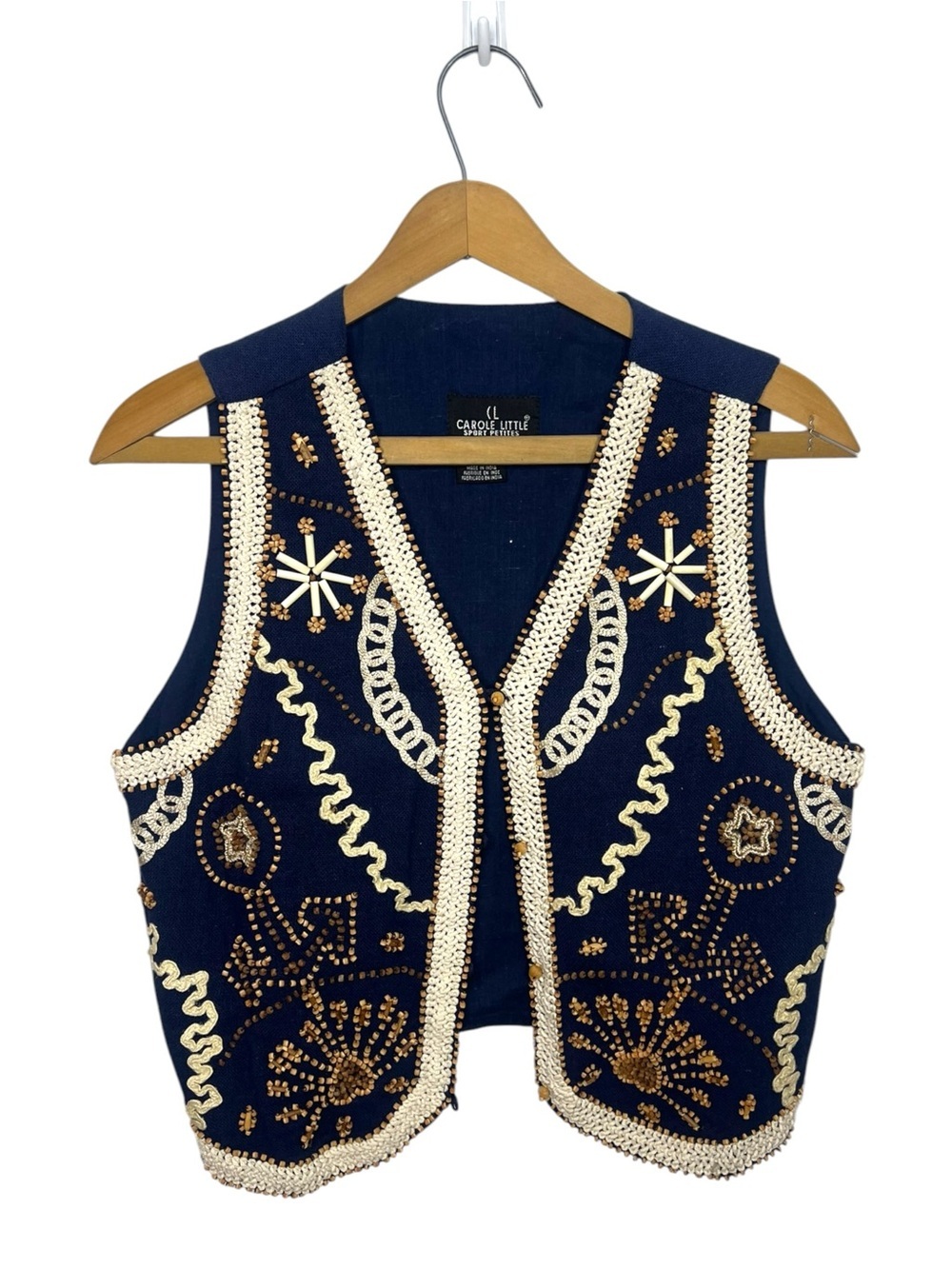 Vintage Carole Little Sport Petites 100% Cotton Beaded Crochet Vest Boho Western